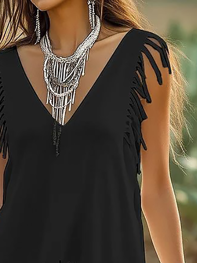 Ethnic Boho Fashion - Black Fringed Casual Sleeveless Top For