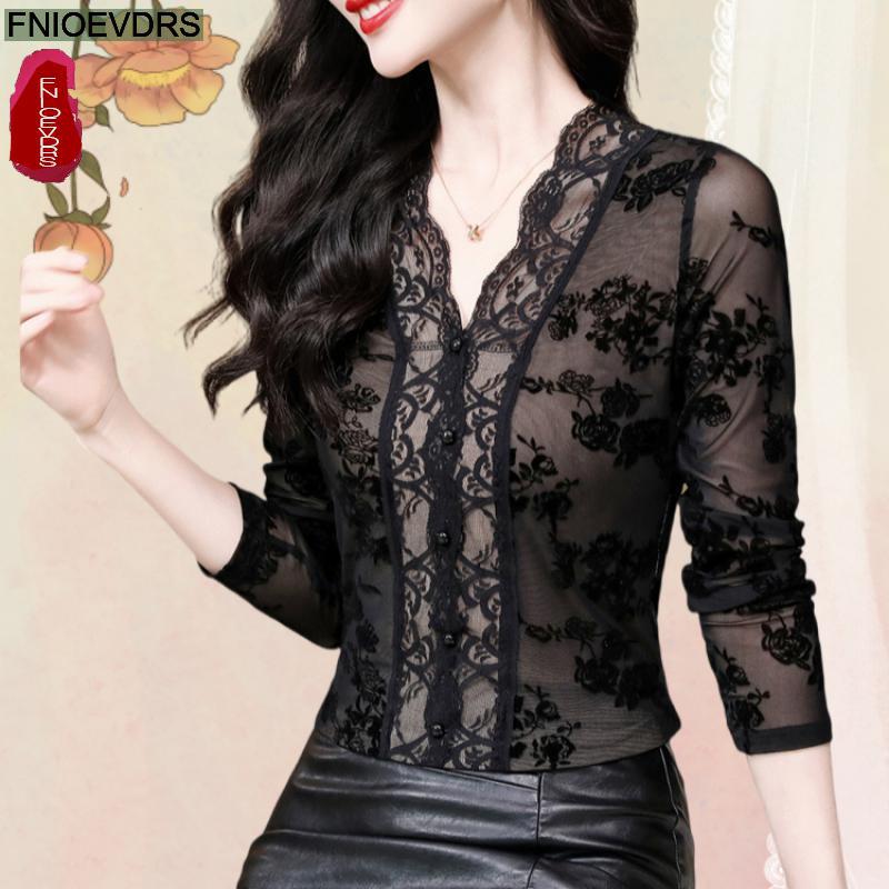 Thai Silk Blouse - Retro Vintage Flower Black Lace Tops