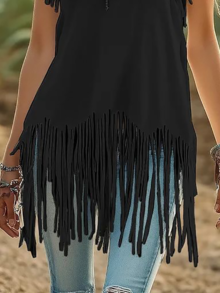 Black Fringed Casual Sleeveles - đánh giá và giá Ethnic Boho Fashion