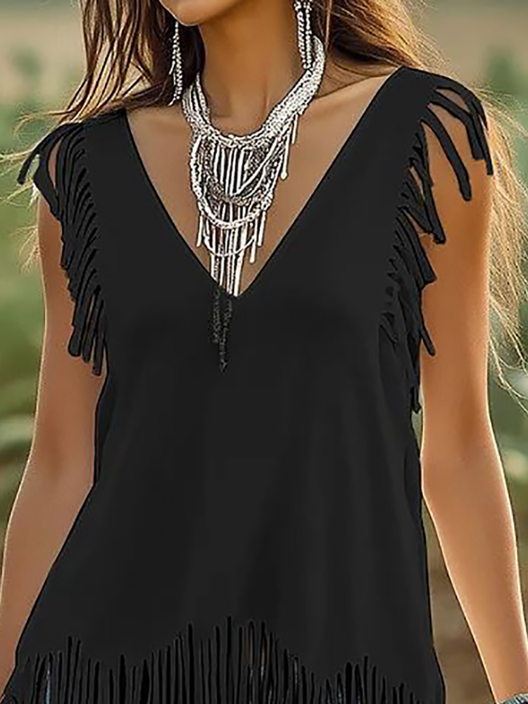 Black Fringed Casual Sleeveles - đánh giá và giá Ethnic Boho Fashion