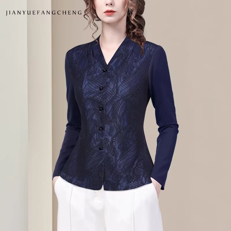 Women' V neck Long Sleeve Blue - đánh giá và giá Thai Silk Blouse